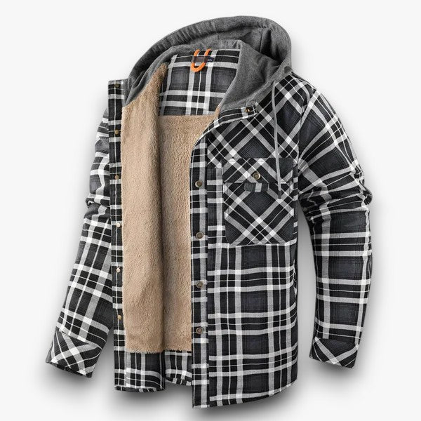 Achteraanzicht van het geruite heren overshirt met capuchon en lange mouwen.