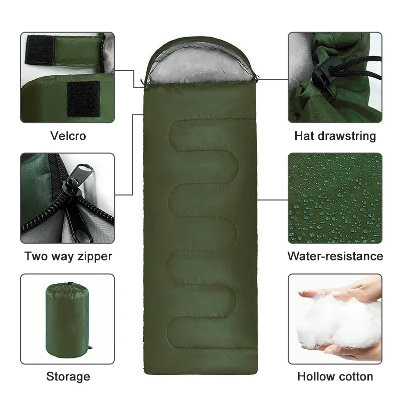 Duurzame waterdichte slaapzak, perfect voor outdoor kamperen in natte omstandigheden. Beschermt tegen vocht.