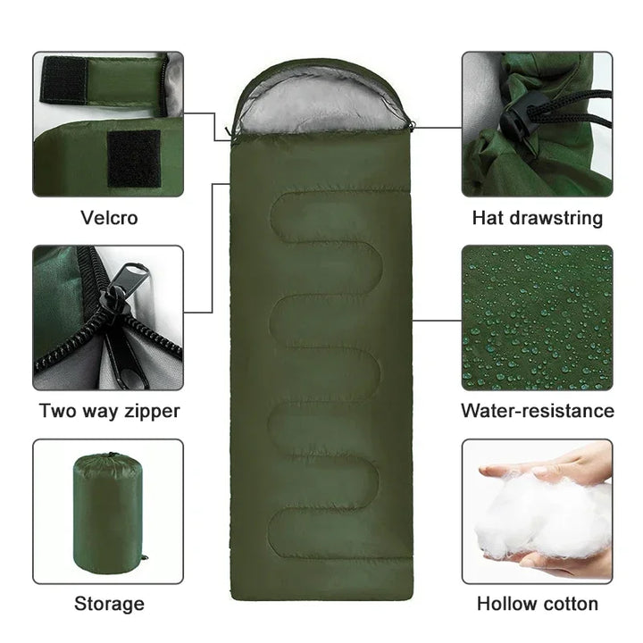 Duurzame waterdichte slaapzak, perfect voor outdoor kamperen in natte omstandigheden. Beschermt tegen vocht.