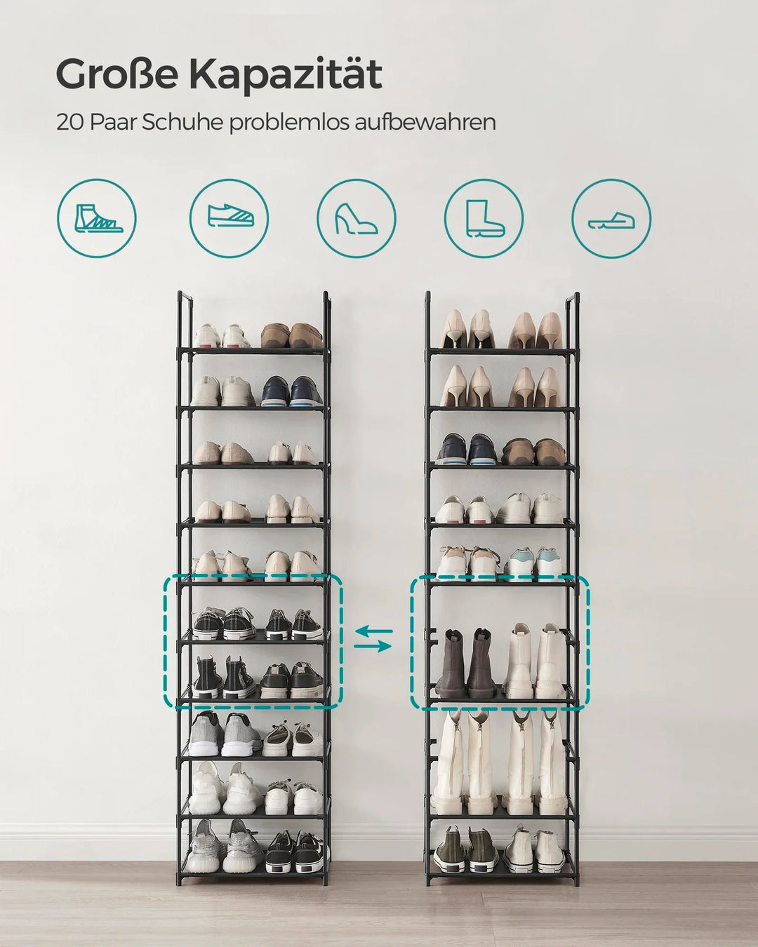 Modern zwart metalen schoenenrek, perfect voor stijlvolle schoenenopslag in een smalle gang of entree.