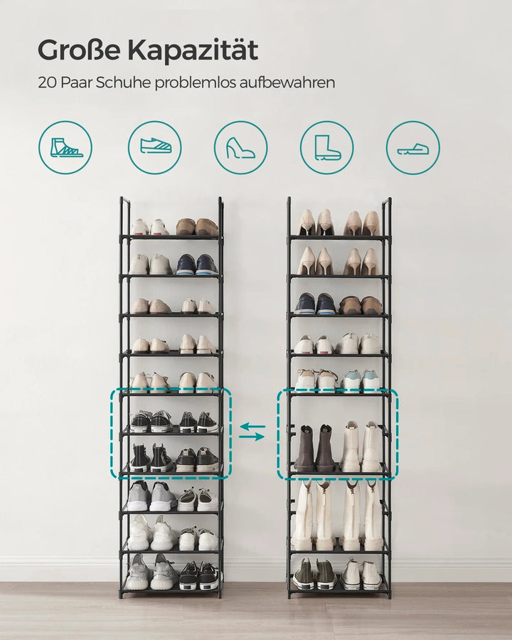 Modern zwart metalen schoenenrek, perfect voor stijlvolle schoenenopslag in een smalle gang of entree.