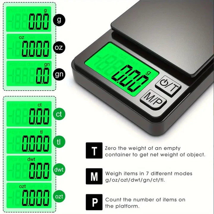 Kleine, compacte digitale weegschaal; perfect voor juwelen, kruiden of als draagbare keukenweegschaal.