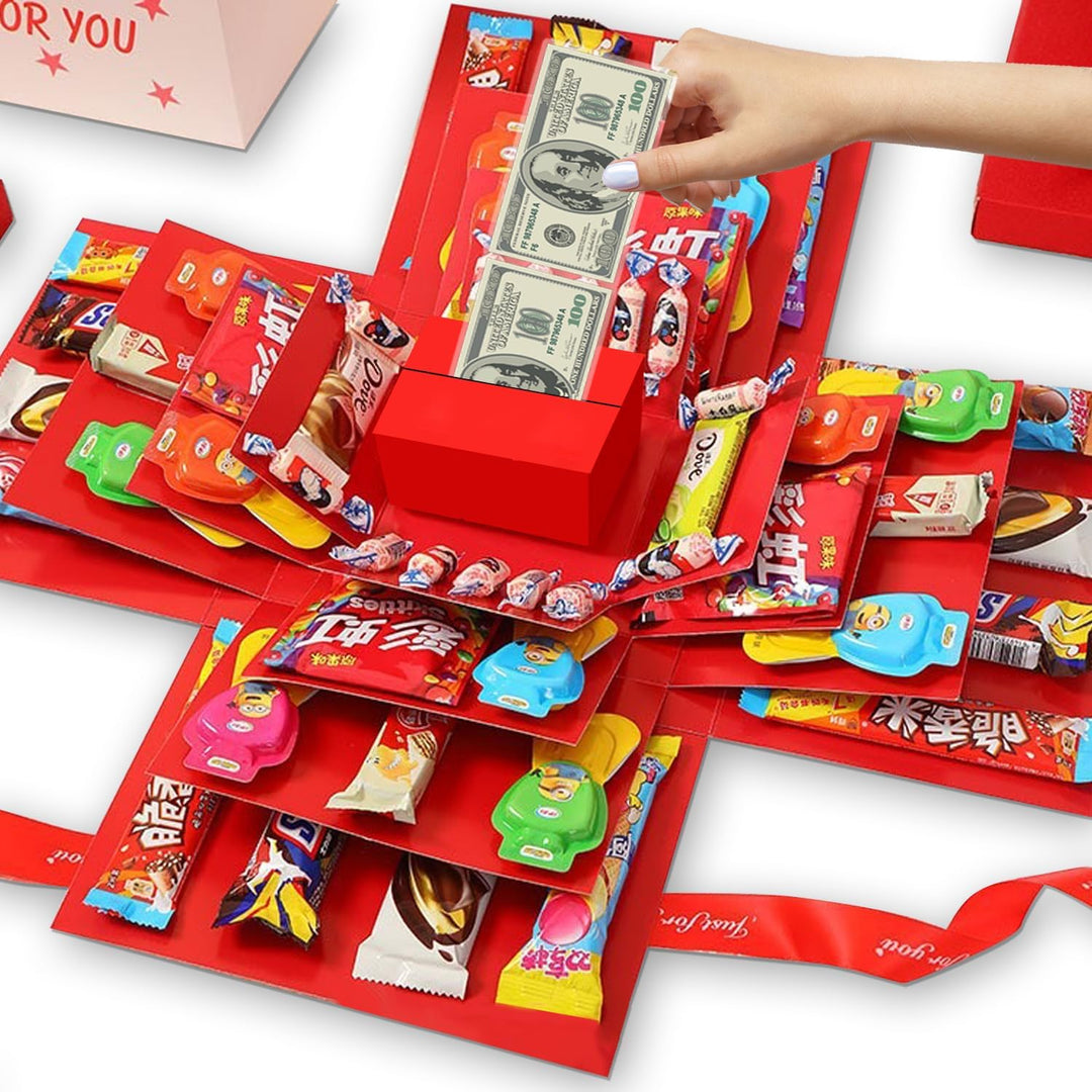 Verrassingsdoos explosiebox, klaar om gevuld te worden met persoonlijke foto's en kleine geschenken.