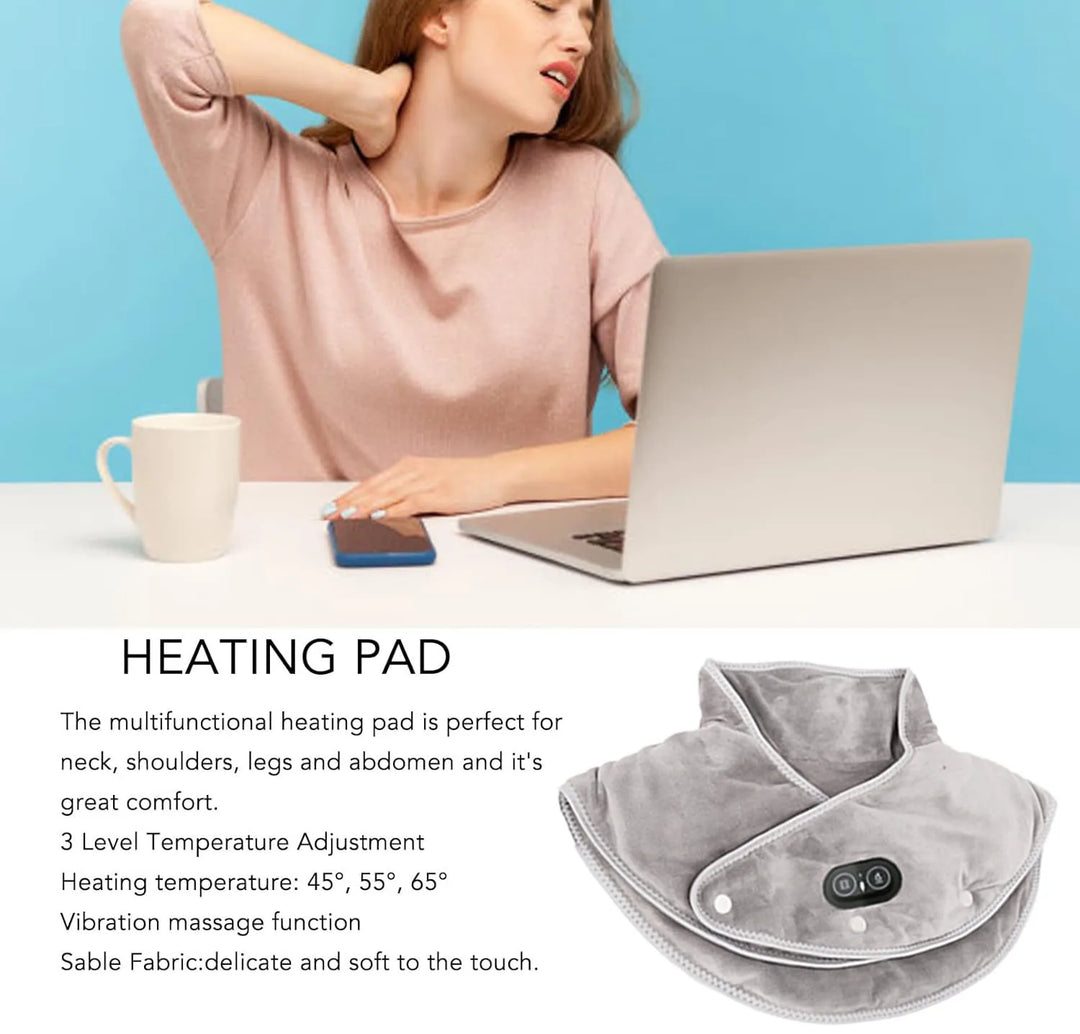 Pluche nekverwarmer met vibratiemassage en timer, USB-aansluiting voor thuis en onderweg.