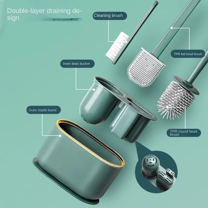 Witte siliconen toiletborstelset met houder voor wandmontage of vrijstaand gebruik. Praktisch badkameraccessoire.