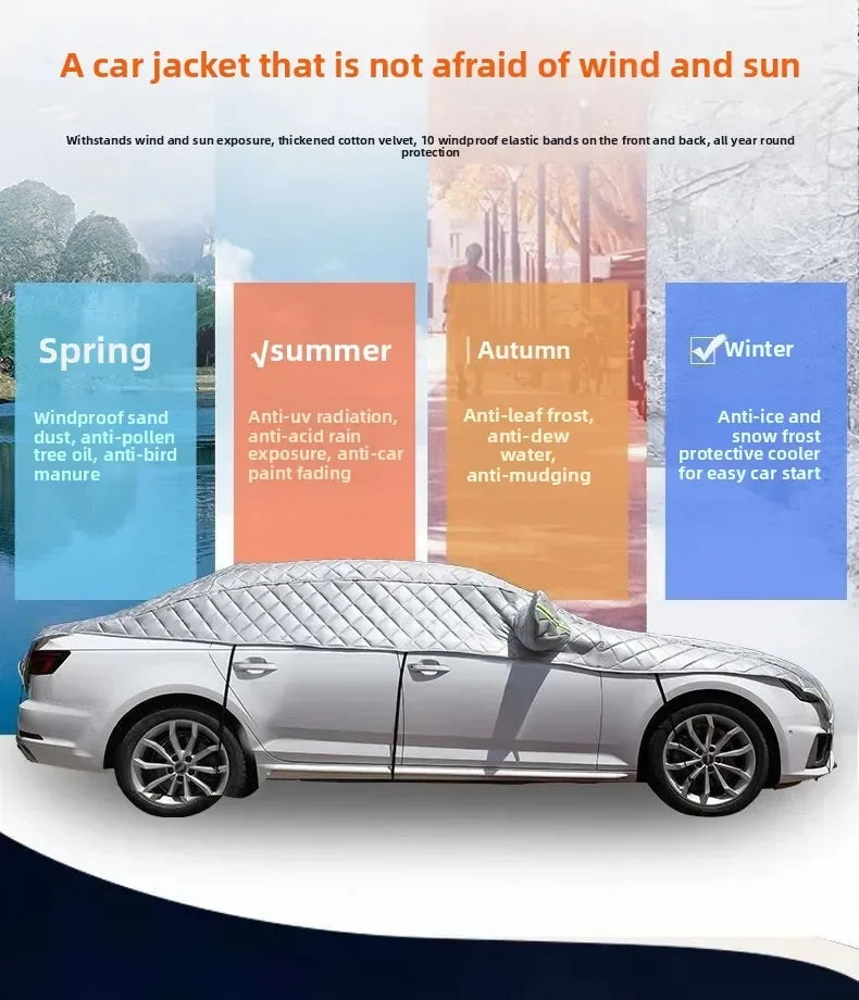 Een auto bedekt met de AutoProtect 4Season halfgarage autohoes, biedt complete allweather autobescherming tegen elk weer.
