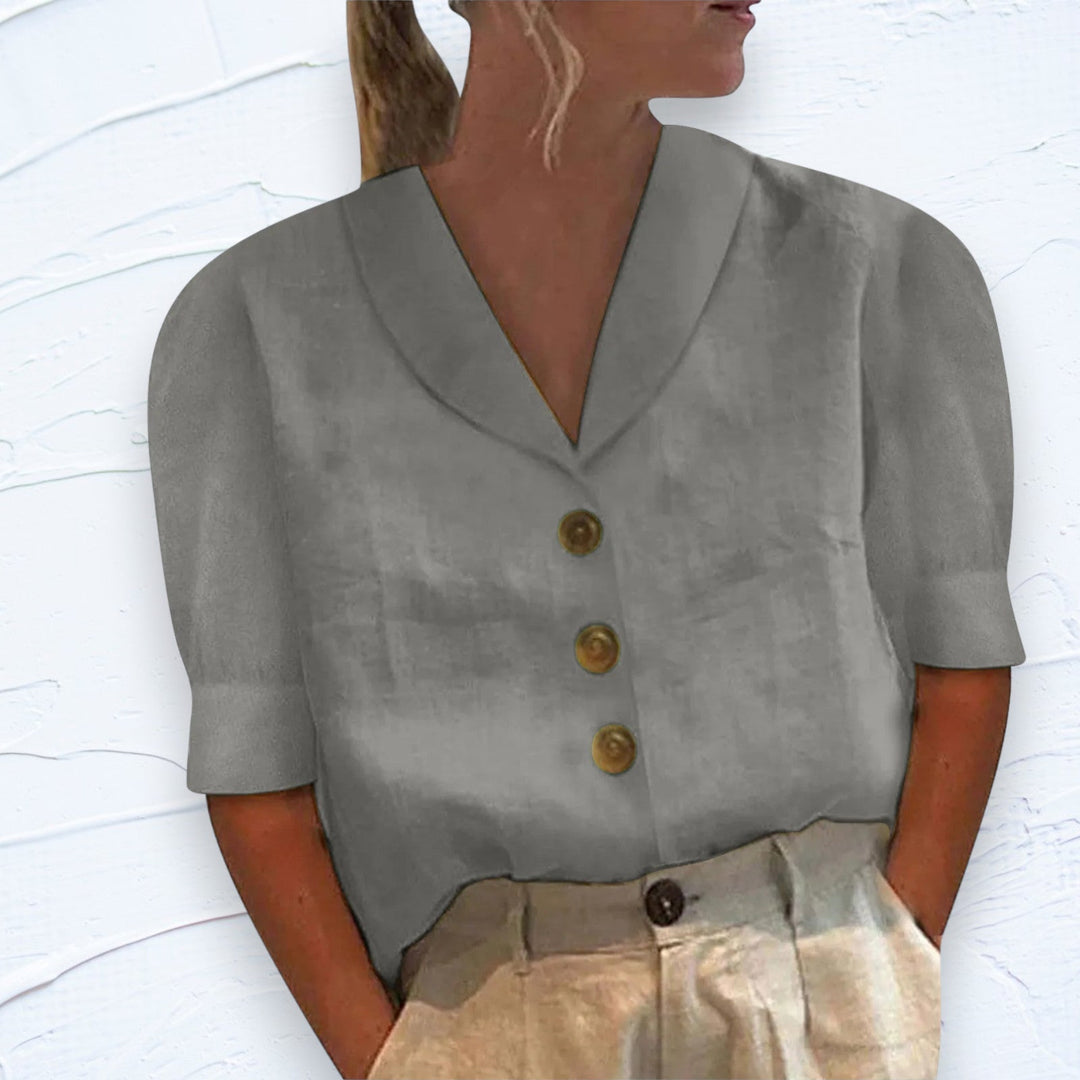 Beige dames kraagtop, comfortabel en veelzijdig. Geschikt als zomertop of lente blouse voor dagelijkse kleding.