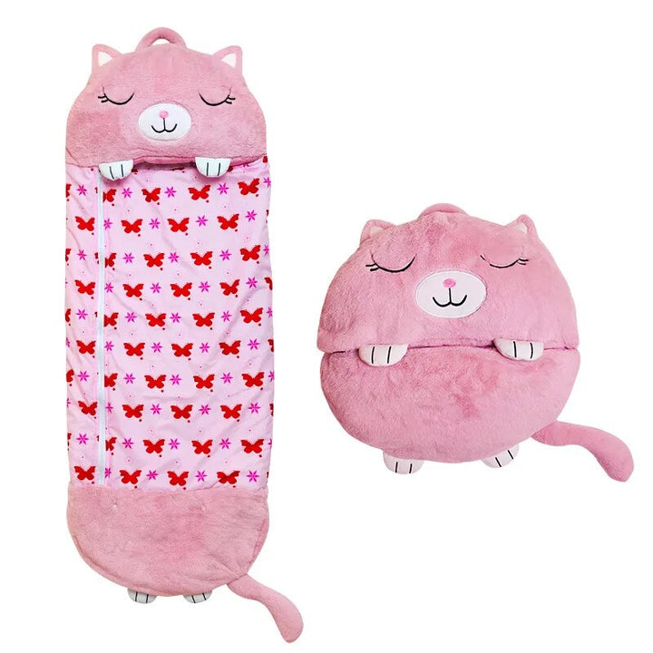 Origineel cadeau voor kinderen: een knuffel dieren slaapzak die ook als speelgoed dient.