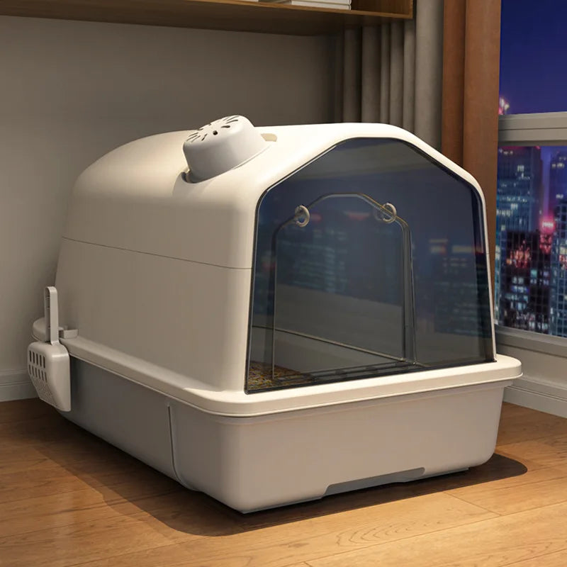Grijs/gele XL kattentoilet met geurcontrole voor een fris huis. Gesloten kunststof design, eenvoudig te reinigen.