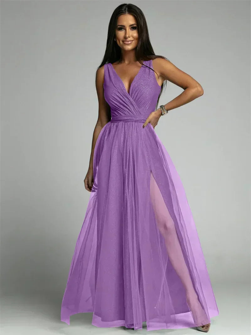 Zomerse elegante V-hals jurk, mouwloos, comfortabel en modieus voor avondkleding voor dames.