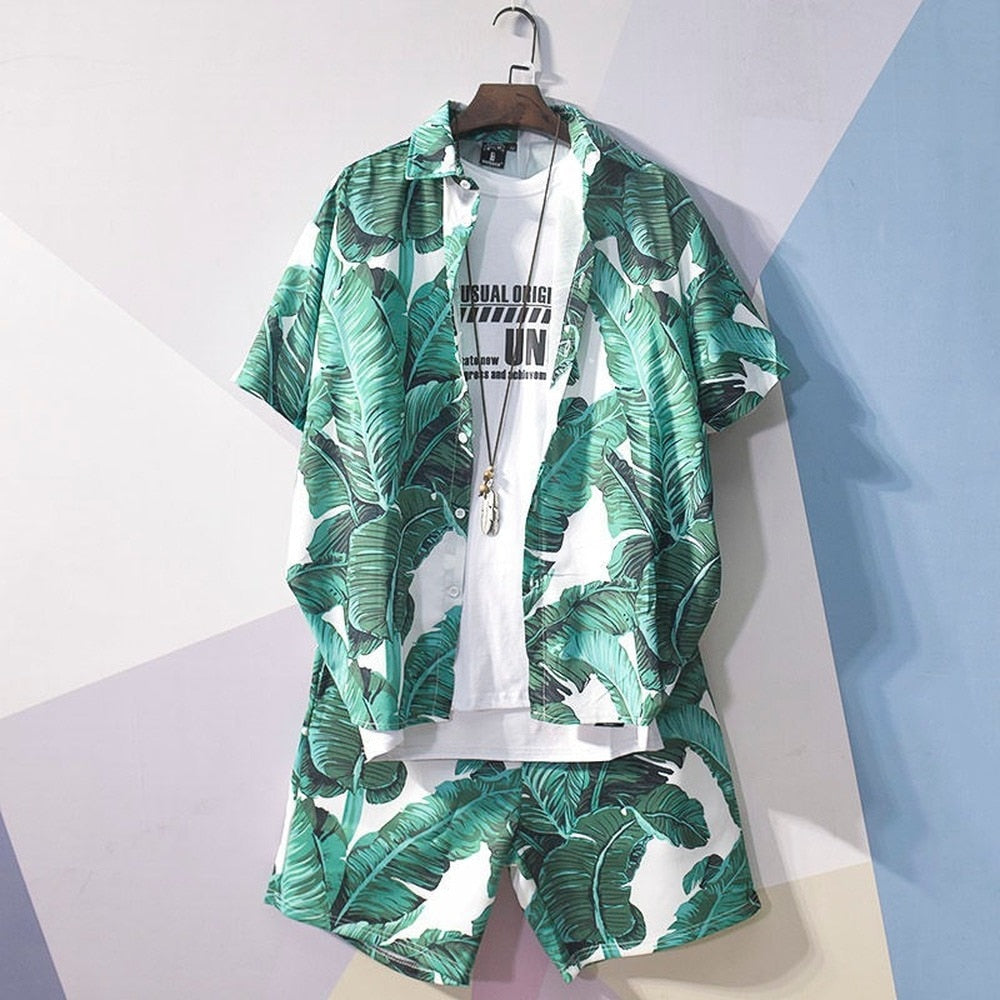 Kleurrijke heren Hawaii combiset met tropische print, perfect voor zomerse stranddagen of festivals.