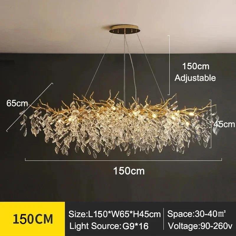 Zilveren Aurelia kroonluchter, kristallen, bladontwerp. Moderne en functionele plafondlamp.