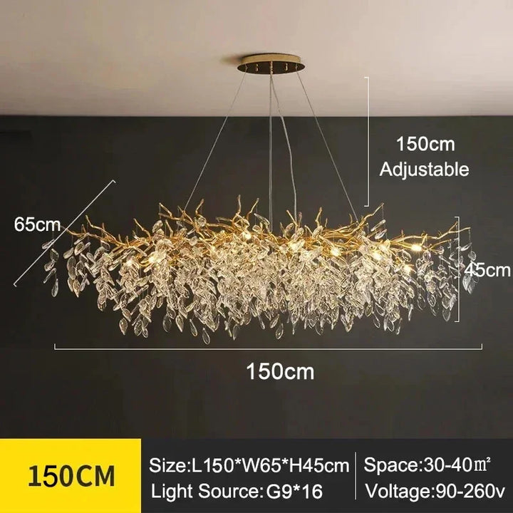 Zilveren Aurelia kroonluchter, kristallen, bladontwerp. Moderne en functionele plafondlamp.