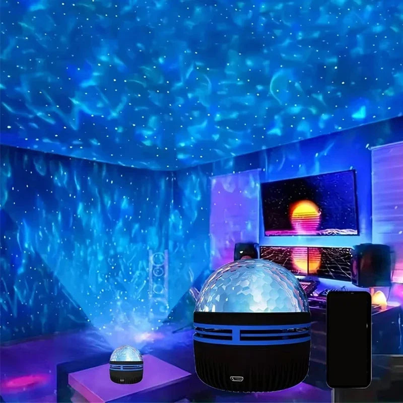 Noorderlicht projector met muzieksynchronisatie voor sfeervolle LED verlichting in slaapkamer of woonkamer.