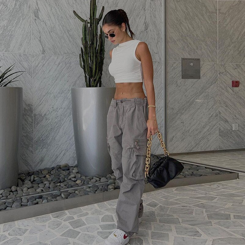 Dames wijde pijpen broek, trendy cargostijl met losse pasvorm.