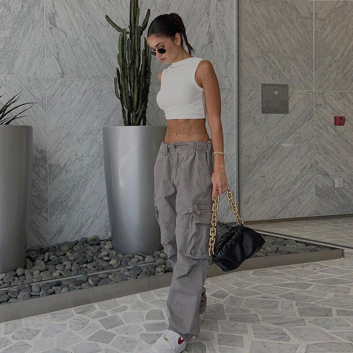 Dames wijde pijpen broek, trendy cargostijl met losse pasvorm.