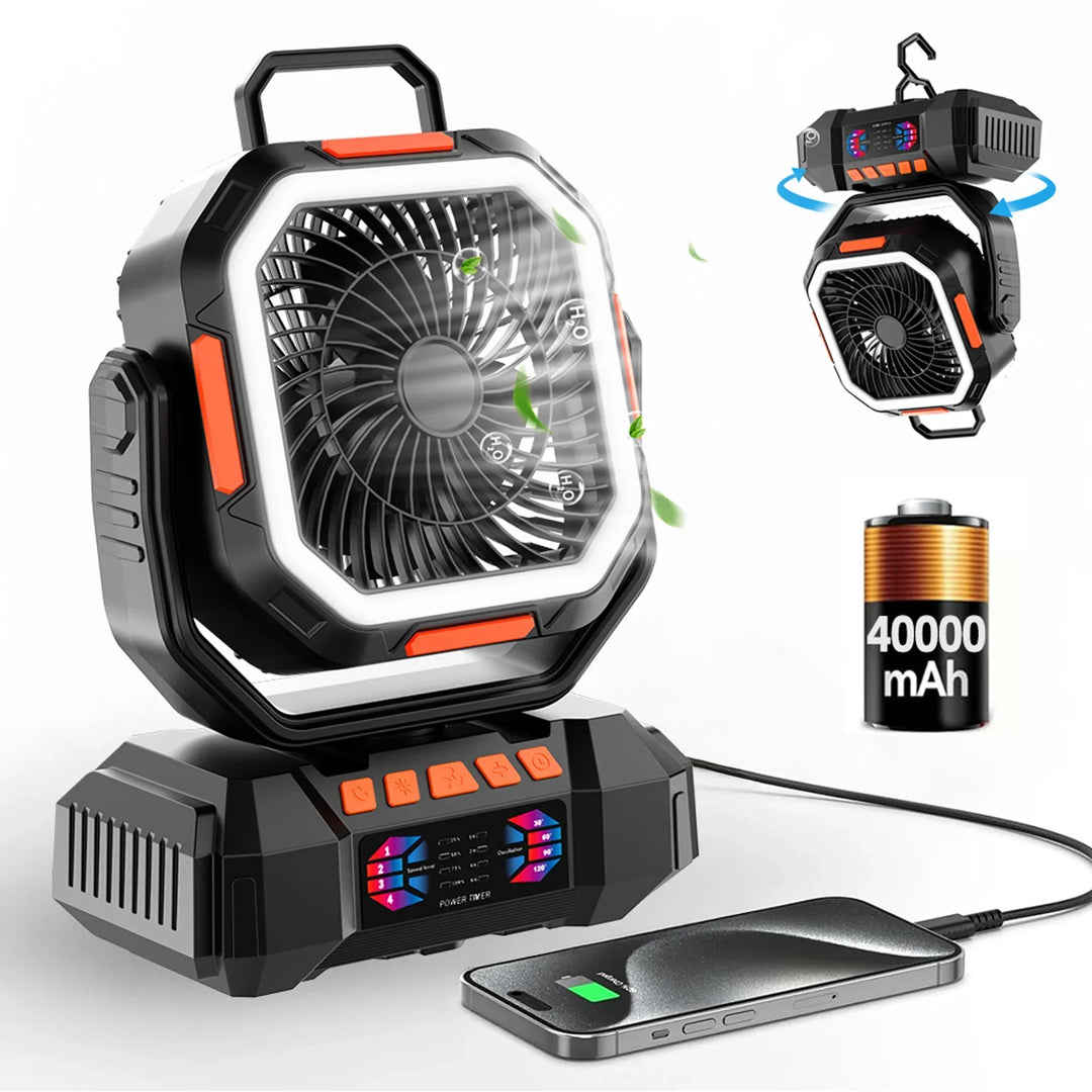 Oplaadbare campingventilator F22 met 40000mAh powerbank en LED-lantaarn, ideaal voor kamperen en buiten.