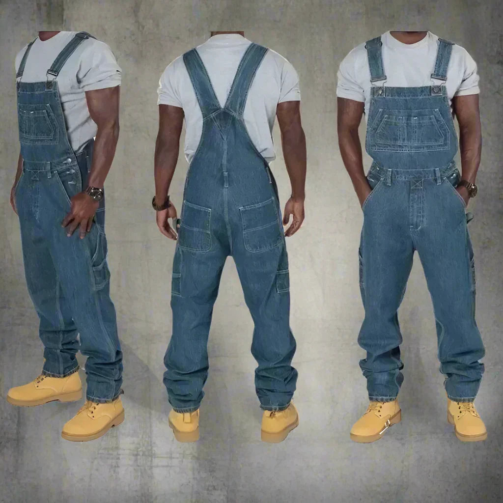Man draagt comfortabele heren denim overall met rechte pijpen, perfect voor werk en een stijlvolle casual look.