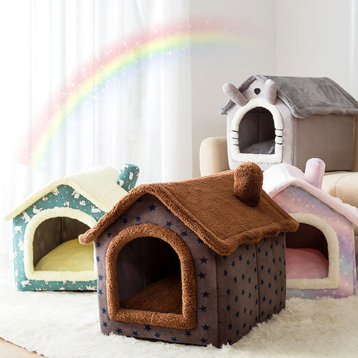 Geborgen en knus dierenhuisje, perfect als warme slaapplek voor honden en katten. Zacht huisdierbed.