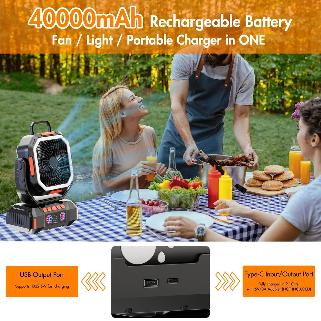 Compacte oplaadbare ventilator met ingebouwde powerbank en lantaarn, perfect als reisaccessoire en nooduitrusting.
