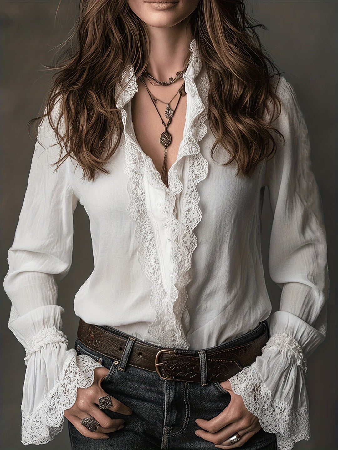 Witte damesblouse met elegante vloeiende kanten details en losse pasvorm, ideaal voor een stijlvolle zomerlook.