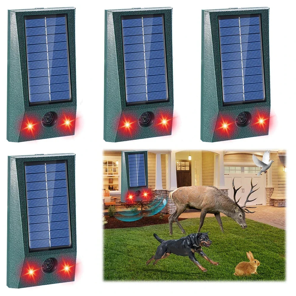 Ultrasone vogelverschrikker met zonne-energie, inclusief bewegingssensor voor effectieve dierverjaging in de tuin.