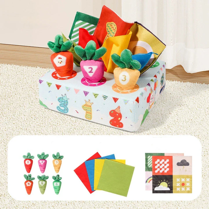 Interactief oogstspel met Montessori trekwortel speelgoed. Baby's leren kleuren en vormen herkennen met plezier.