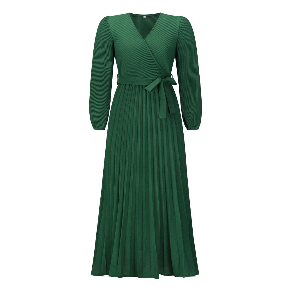 Comfortabele polyester geplooide V-hals maxi jurk voor dames, luchtig en stijlvol voor de zomer.
