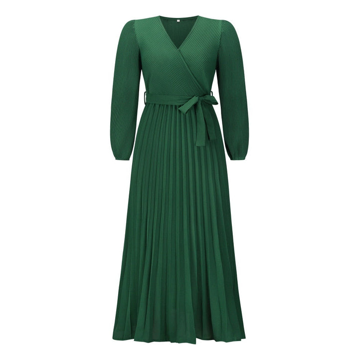 Comfortabele polyester geplooide V-hals maxi jurk voor dames, luchtig en stijlvol voor de zomer.