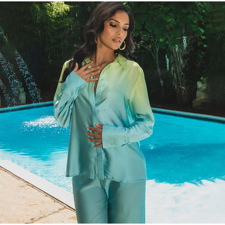Luxe dames ombre set met lange broek en bijpassende blouse, ideaal voor ontspanning.