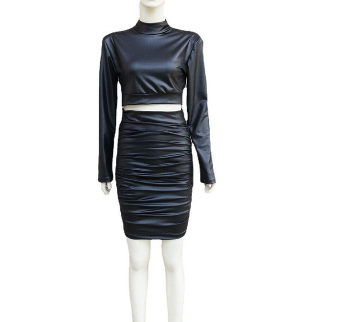 Dames Gracy tweedelige set: trendy imitatieleer croptop en rok, creëert een sexy en elegante avondoutfit.