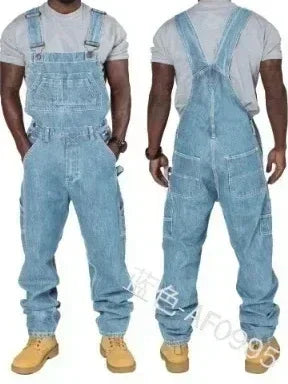 Detail van heren denim overall met trendy splice details, rechte pijpen en functionele zakken voor werk.