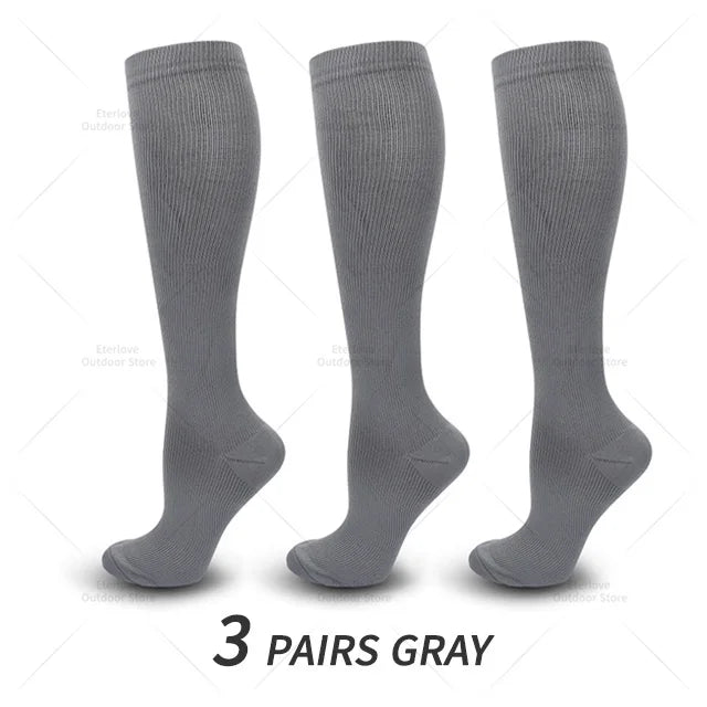 Kniehoge steunkousen, unisex (3 paar), voor reizen en lange vluchten. Voorkomt vermoeide en zware benen.