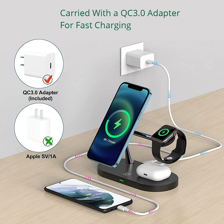 Efficiënt 3-in-1 laadstation: Qi-oplader voor je telefoon, smartwatch en draadloze hoofdtelefoon.