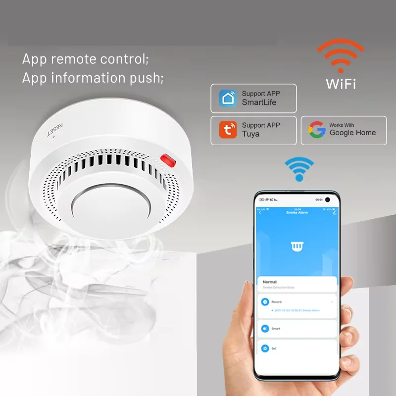 Compacte zwarte slimme WiFi rookmelder, draadloos en met 85dB alarm voor betrouwbare brandveiligheid thuis.
