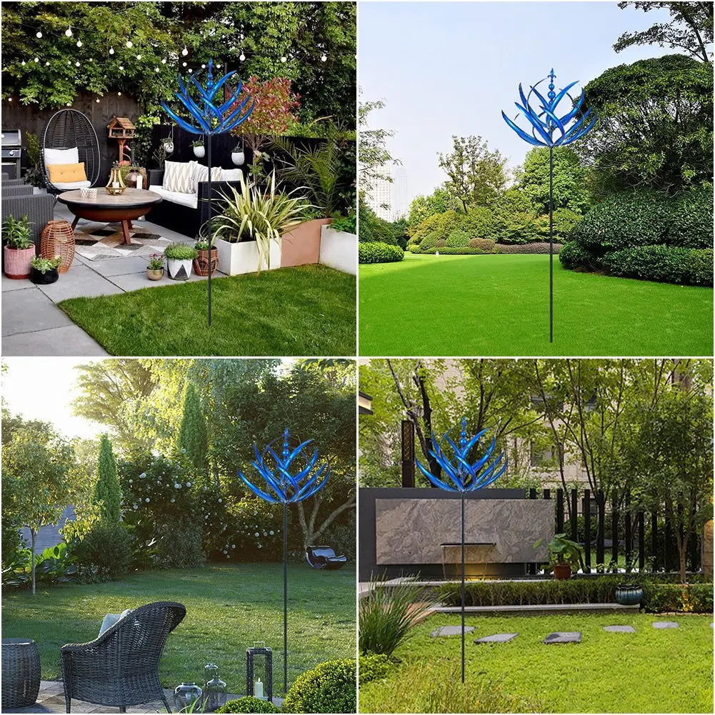 Metalen windspinner tuindecoratie met dynamische beweging, ideaal voor buitenleven en tuinkunst.