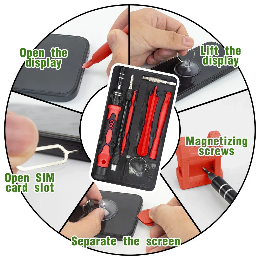 Magnetische precisie schroevendraaierset, ideaal voor fijne elektronica reparaties zoals telefoons en laptops.