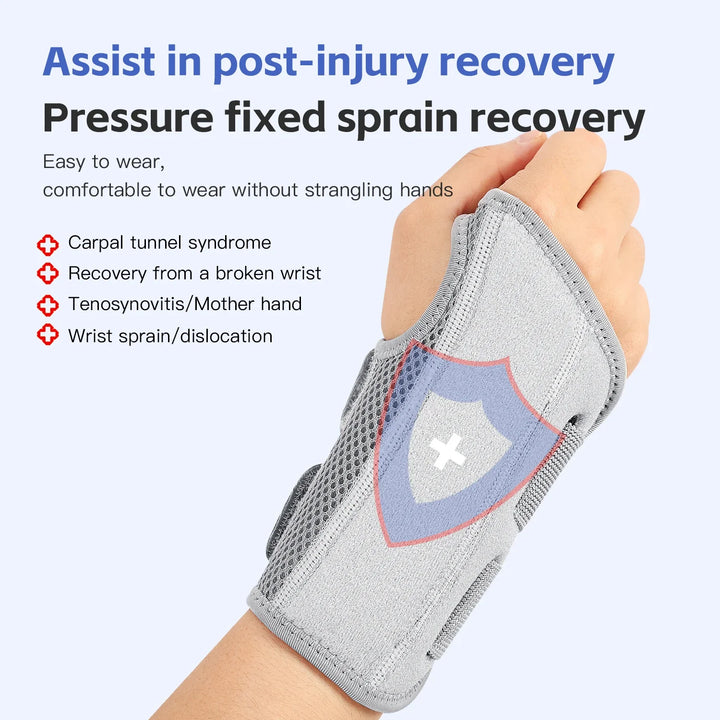 Verstelbare unisex polsbrace met spalk voor stabiele polsondersteuning en herstel van sportblessures.