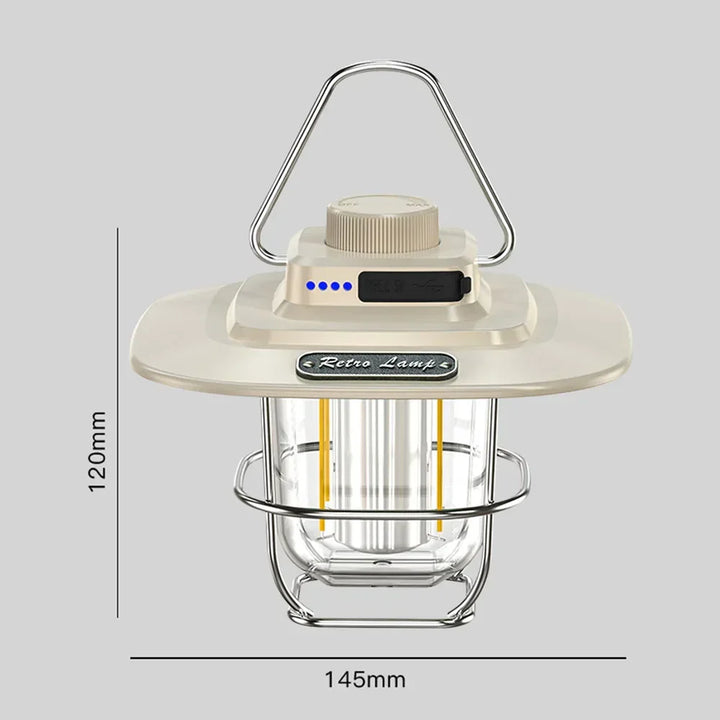 Sfeervolle retro LED campinglantaarn, oplaadbaar en draagbaar, voor gezellige avonden outdoor.