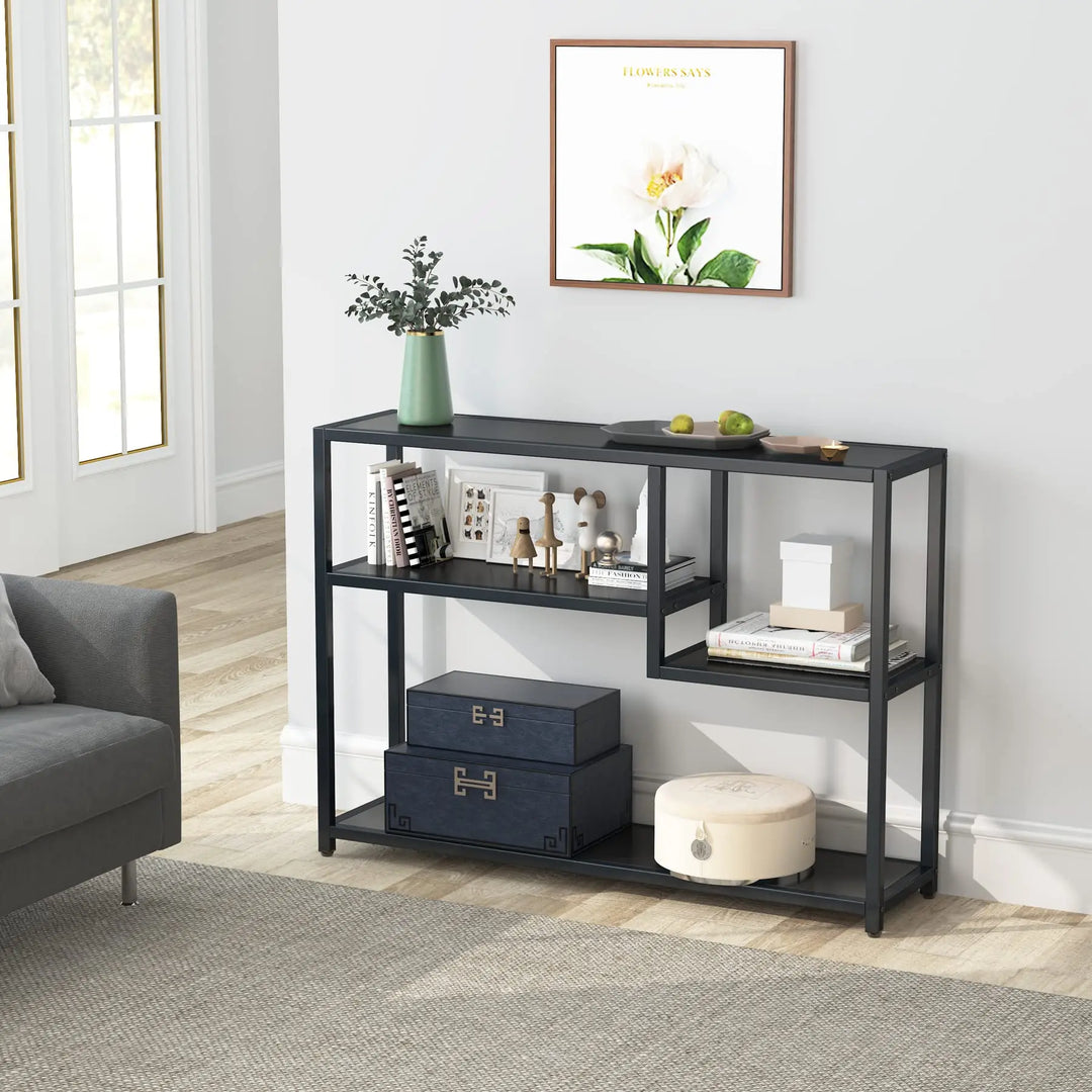 Zwarte industriële consoletafel met 4 ruime planken. Perfect voor hal, woonkamer of entree. Strak design.