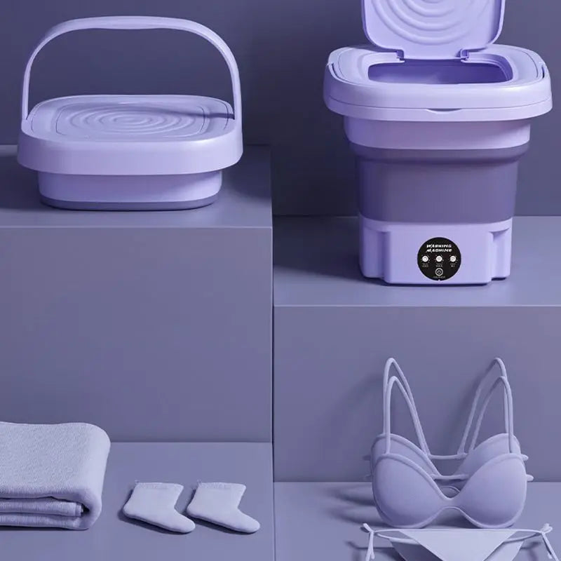 Mini opvouwbare wasmachine wast ondergoed en sokken. Compact, draagbaar en energiezuinig voor kleine ladingen.