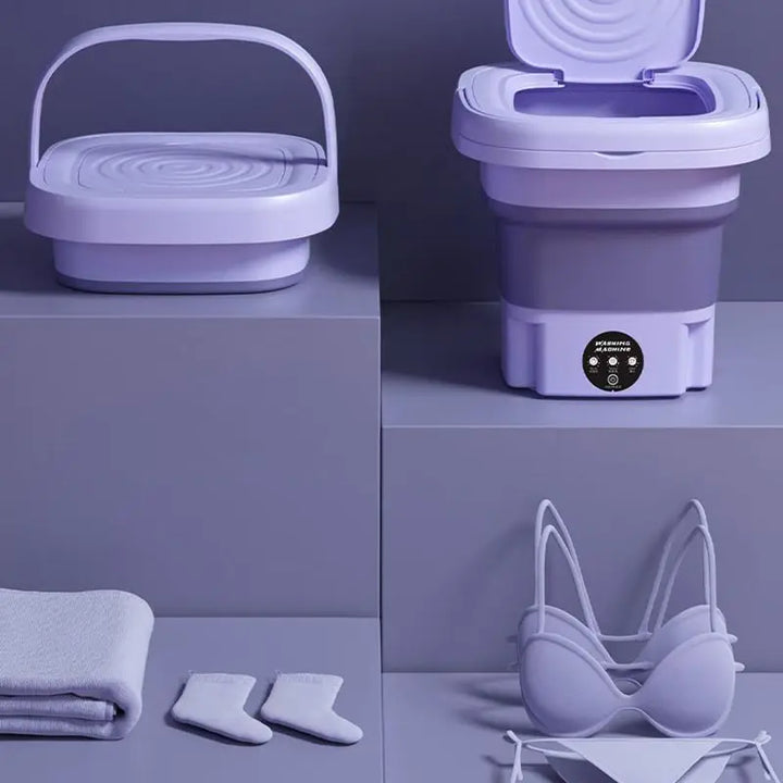 Mini opvouwbare wasmachine wast ondergoed en sokken. Compact, draagbaar en energiezuinig voor kleine ladingen.
