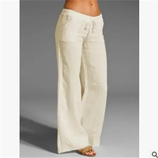 Veelzijdige damesbroek met wijde pijpen. Perfect als comfortabele strandbroek of modieuze vakantiebroek.