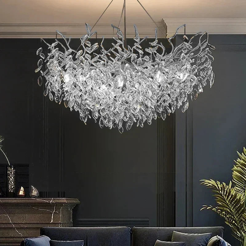 Zilveren Aurelia kristallen plafondlamp, blad design, LED compatibel.