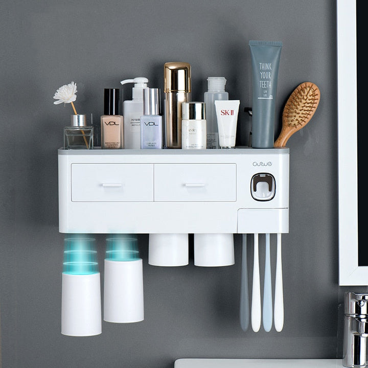 Moderne badkamer organizer met geïntegreerde automatische tandpastadispenser; ideaal voor nette tandpasta-uitgifte.