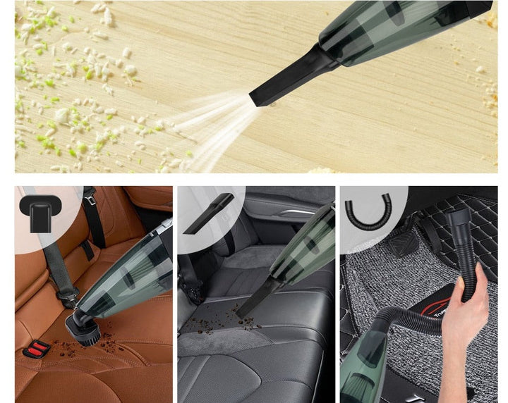 Draadloze handstofzuiger met opzetstuk zuigt stof en vuil uit auto interieur, perfect voor autoverzorging.