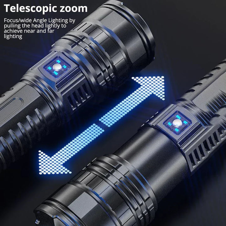 Oplaadbare Striker zaklamp met 10000 lumen en ingebouwde powerbank functie. Perfect voor kamperen en noodsituaties.