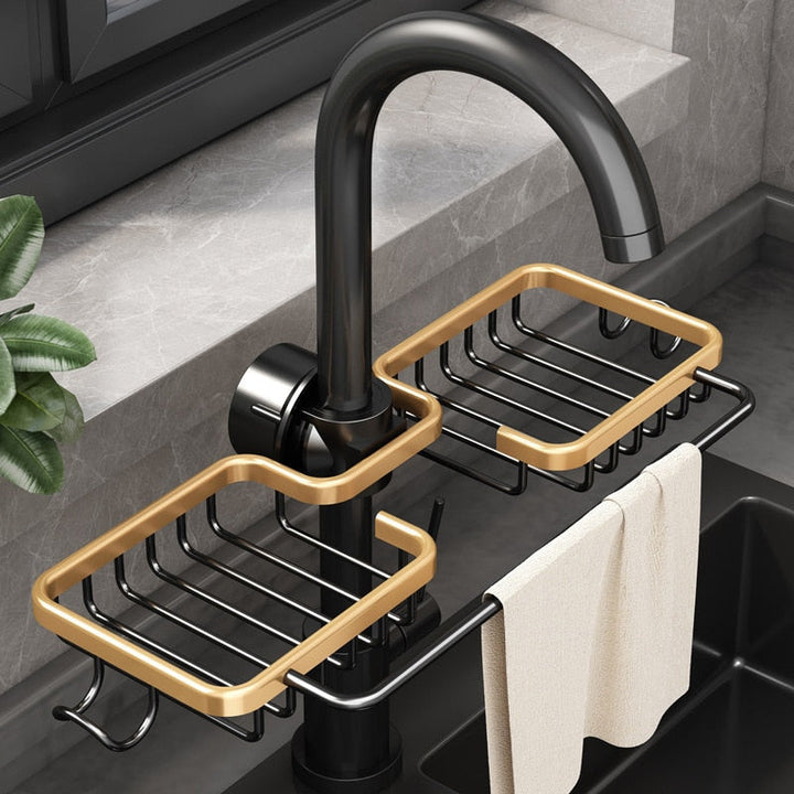 Moderne metalen gootsteen organizer, verkrijgbaar in goud, zilver en zwart. Essentieel keuken accessoire.