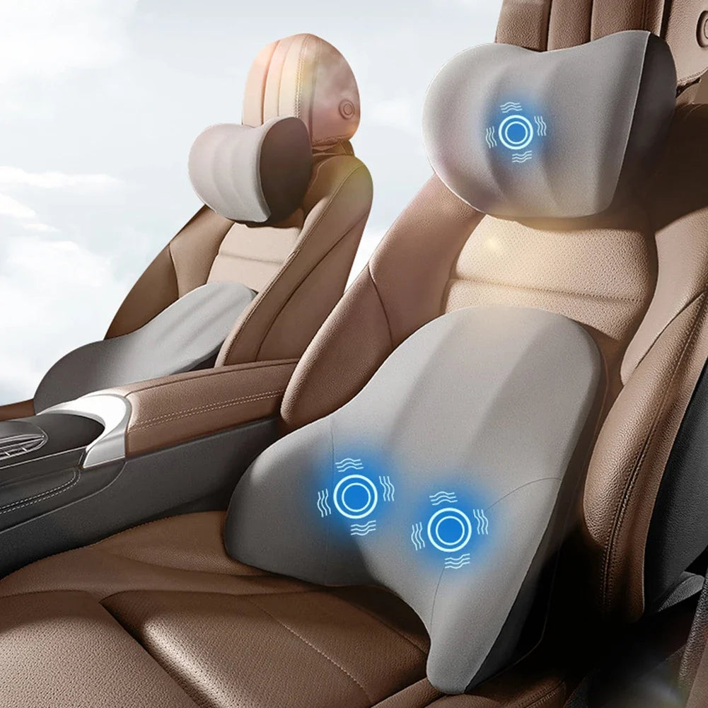 Grijs auto massage kussen met ergonomische nek- en rugsteun voor optimaal rijcomfort.