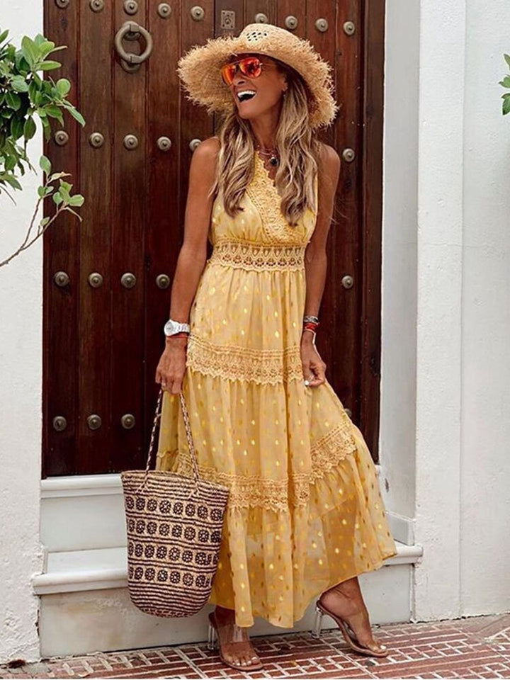 Elegante dames Solana Boho Ibiza maxi jurk. Trendy casual zomerjurk, geschikt voor strand en vakantie.